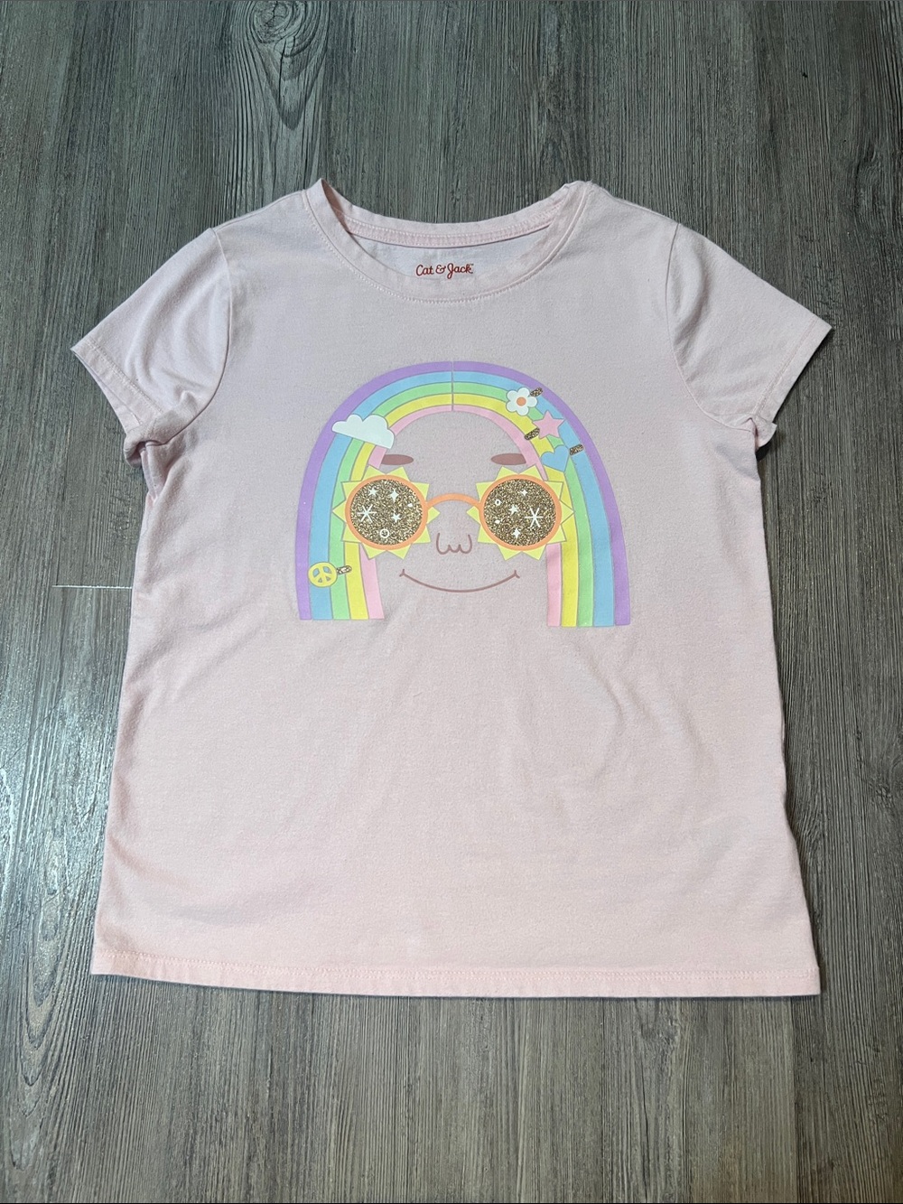 Cat & Jack Light Pink Rainbow Face Graphic Tee- Size 8